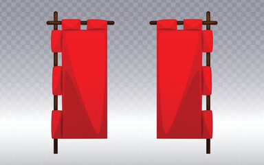 Two identical red banners are displayed against a light gray, gradient background. Each banner is rectangular and hangs vertically, attached to horizontal rods supported by vertical posts. The banners