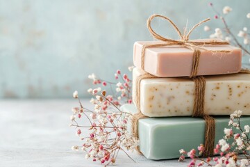 A luxurious set of natural soaps in soft pastel colors, wrapped with kraft paper and tied with twine, surrounded by dried flowers