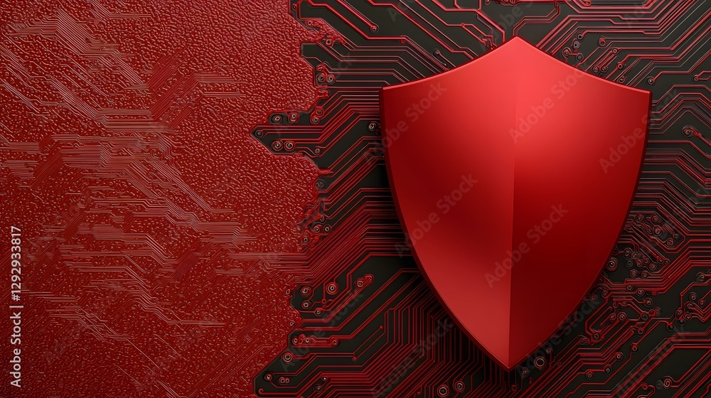 Poster a red metallic shield sits atop a dark background of red circuit board pathways, symbolizing digital