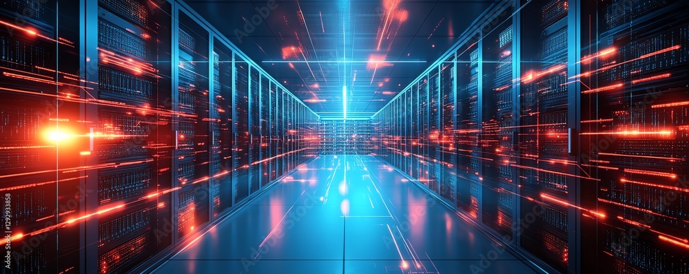Poster an advanced cloud infrastructure with futuristic storage units, digital clouds, and highspeed data s