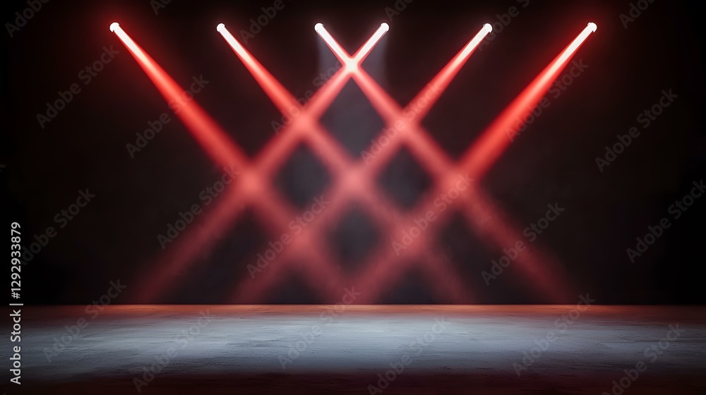 Poster a dark room with a concrete floor is illuminated by four red spotlights creating an x shape, casting