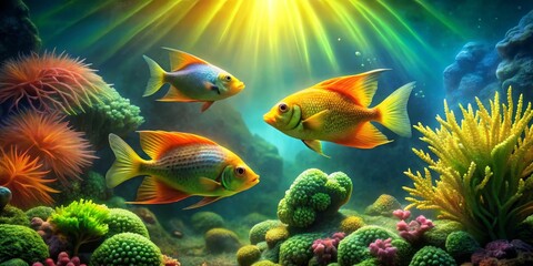 Obraz premium Vibrant aquatic scene featuring three colorful fish swimming amidst lush coral reefs, bathed in a sunlit underwater paradise.