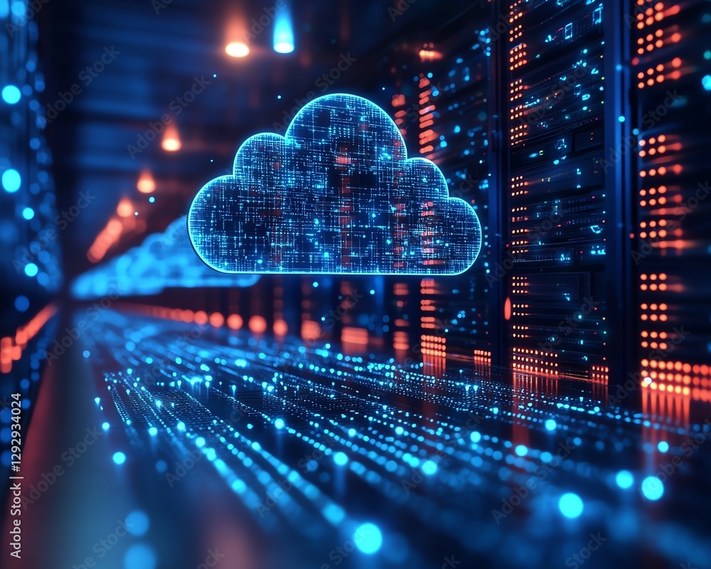 Poster a 3d rendered scene of advanced cloud computing technology, with servers suspended in the cloud, int
