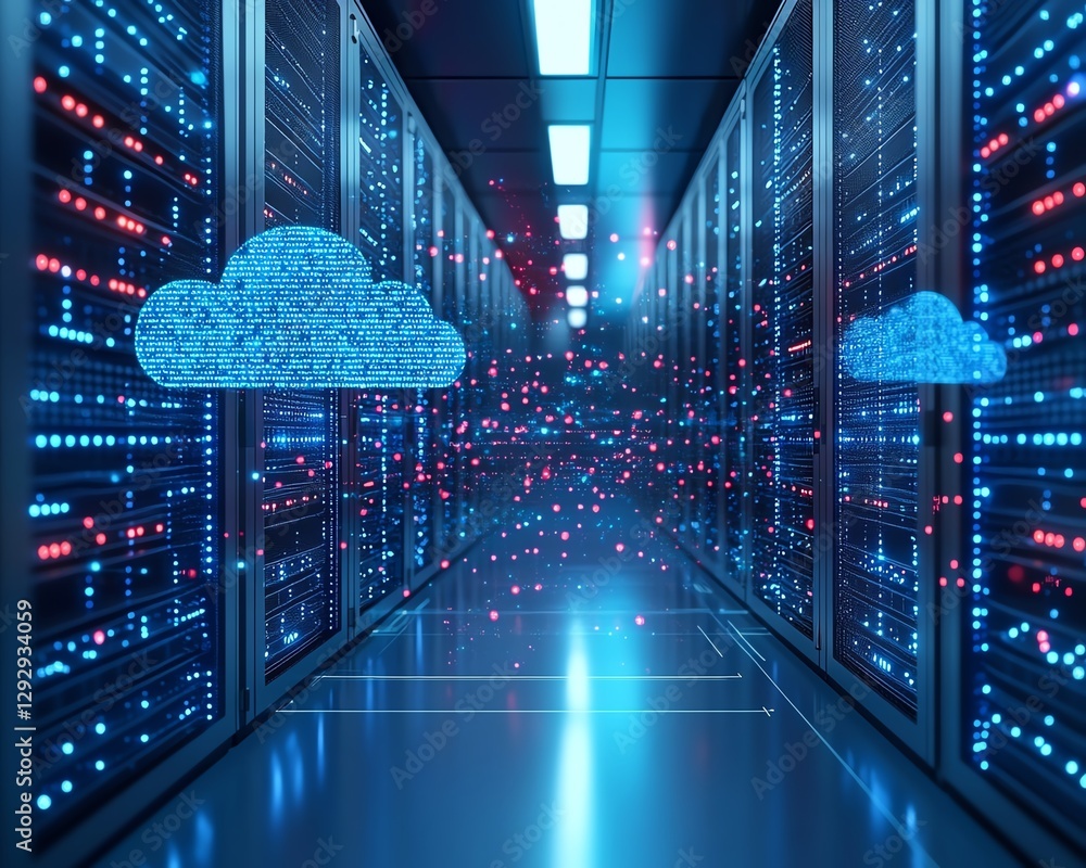 Poster a 3d rendered scene of advanced cloud computing technology, with servers suspended in the cloud, int