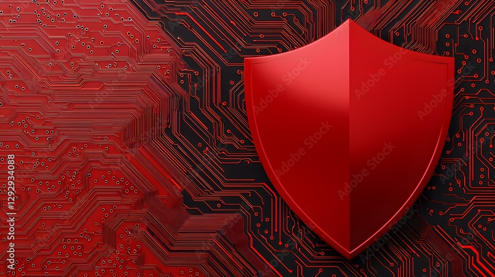 Poster a red metallic shield sits atop a complex red and black circuit board, representing cybersecurity an