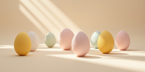 Fototapeta premium Easter eggs painted in muted pastels rest atop a smooth beige gradient, their organic shapes framed by shallow depth