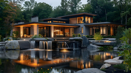 Obraz premium Elegant modern house with serene pond and waterfall feature at dusk
