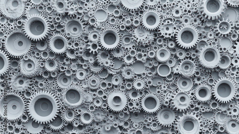 Poster a complex network of interconnected gears.