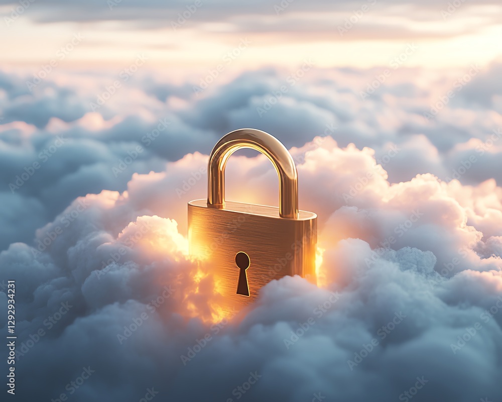 Aufkleber a conceptual representation of data security, with a golden lock positioned on a white cloud, bathed