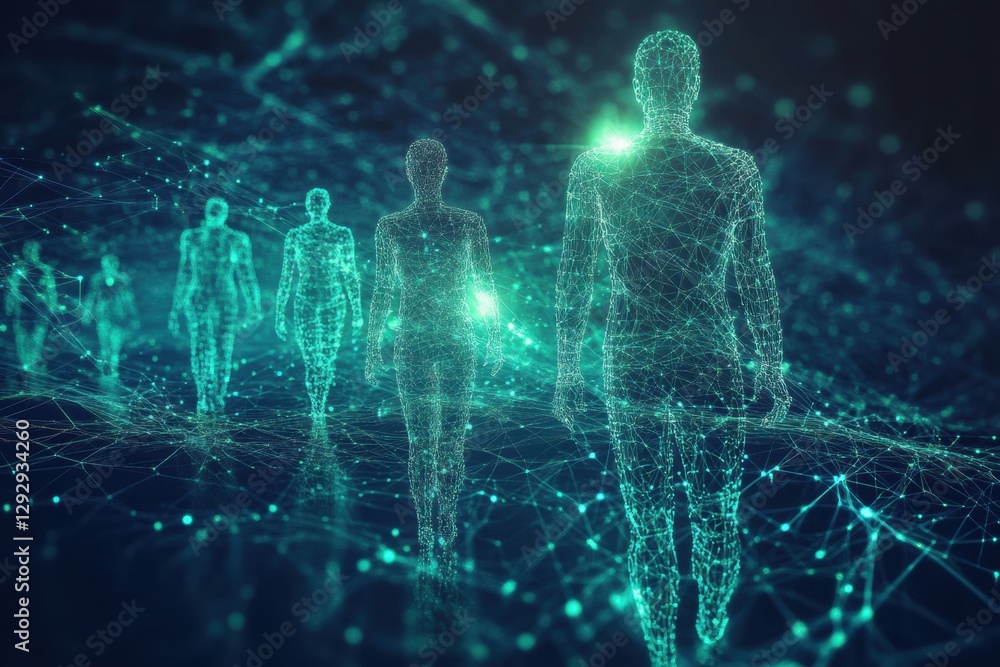 Poster Exploring a digital realm where human silhouettes navigate through flowing matrix code and futuristic landscapes. Generative AI