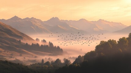 Sunrise flock birds mountains valley fog landscape poster