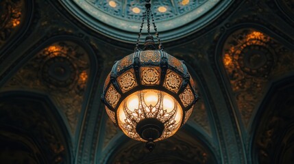 Obraz premium Ornate chandelier illuminates grand hall's ornate ceiling