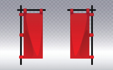 Two identical red banners are depicted against a light gray, gradient background. Each banner is rectangular and hangs vertically, suspended by two horizontal rods attached to vertical posts. 