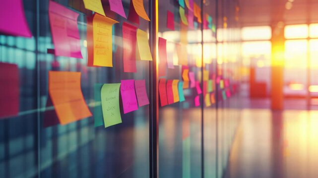 Colorful Sticky Notes on Glass Wall, Collaborative Creativity