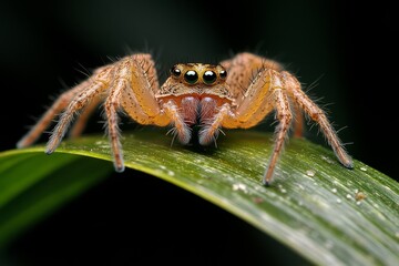 A lynx spider perched on a blade of grass, its spiny legs poised for a quick leap