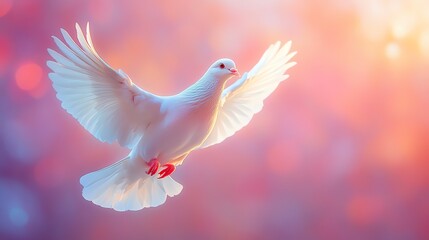 A delicate, glowing dove in flight, ascending peacefully towards a vibrant sky, embodying the symbol of love and harmony for a brighter, united future