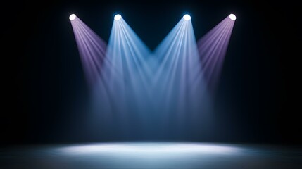 Three spotlights illuminate a dark stage with cool-toned beams converging on a central, empty space.