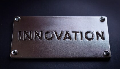 Close-up of a metal plate engraved with the word Innovation, showcasing modern design.