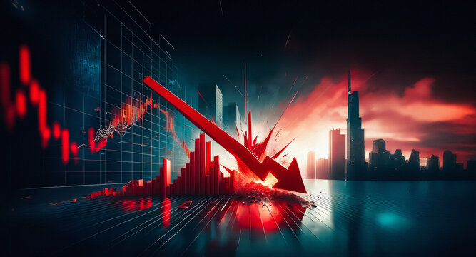 A dramatic red arrow plunges downwards through a financial graph, impacting a silhouetted cityscape against a dark, ominous sky.