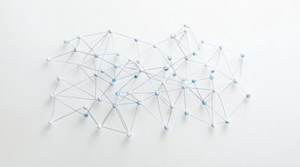 Abstract network of light gray connecting lines and light blue dots on white background.