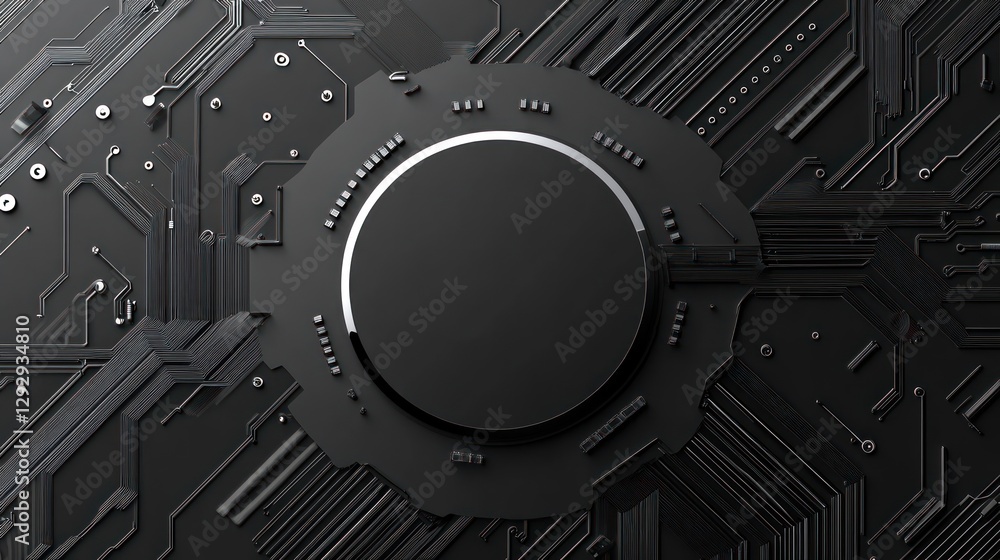 Poster abstract circuit board with a central dark circle.