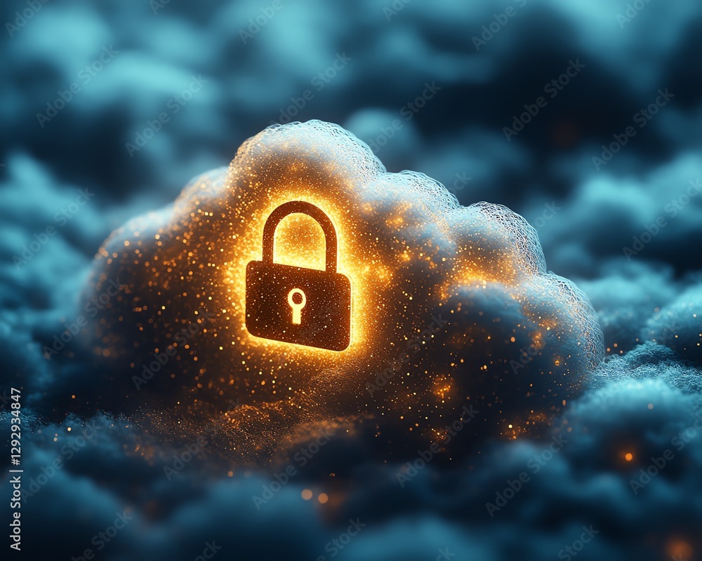 Poster a golden lock symbol resting on a fluffy white cloud, surrounded by a soft glow, symbolizing robust 