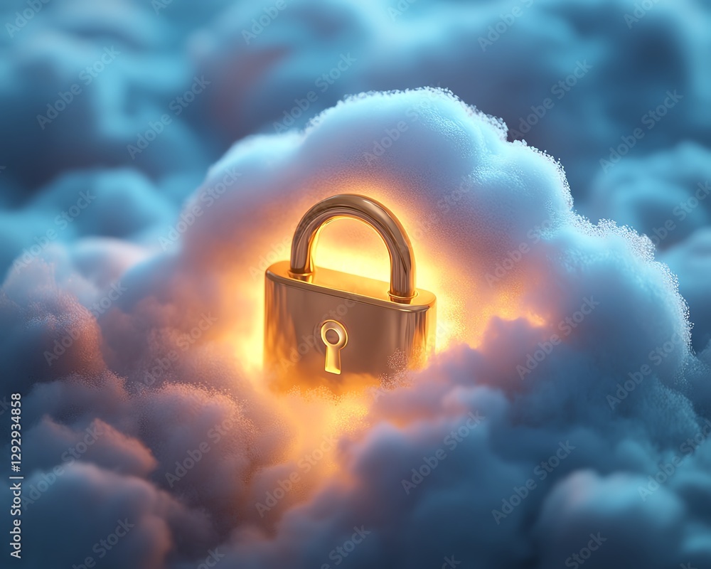 Poster a golden lock symbol resting on a fluffy white cloud, surrounded by a soft glow, symbolizing robust 