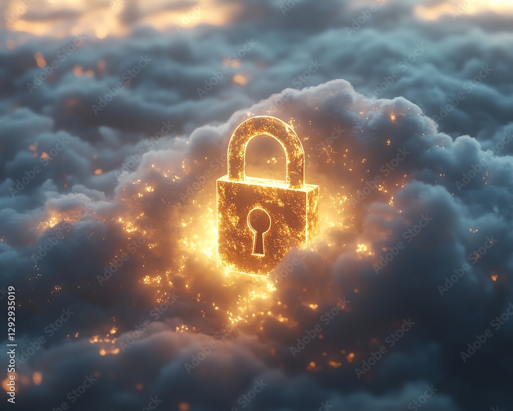 Poster a highquality image of a shiny golden lock floating on a white cloud, surrounded by ethereal light, 