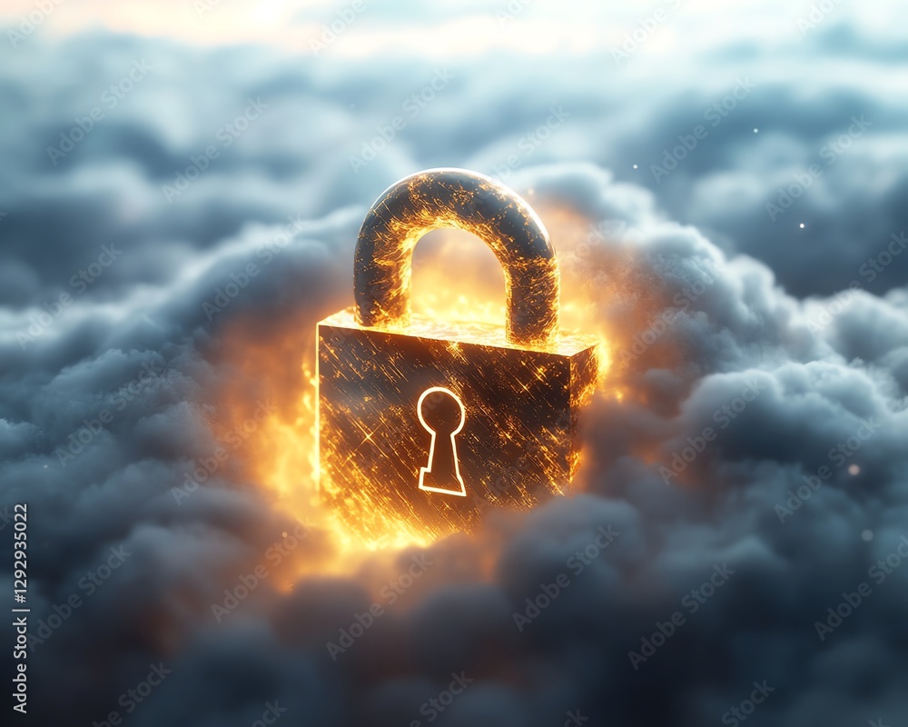 Poster a highquality image of a shiny golden lock floating on a white cloud, surrounded by ethereal light, 