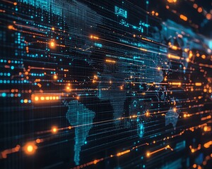 Obraz premium A highquality image of a digital world map, with business professionals from various backgrounds interconnected by dynamic data streams and glowing network connections