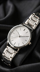 Elegant silver wristwatch with stainless steel bracelet on black silk fabric