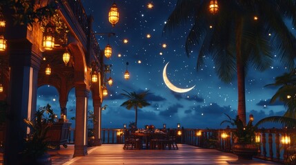 Tropical Terrace Night Dinner Crescent Moon Stars