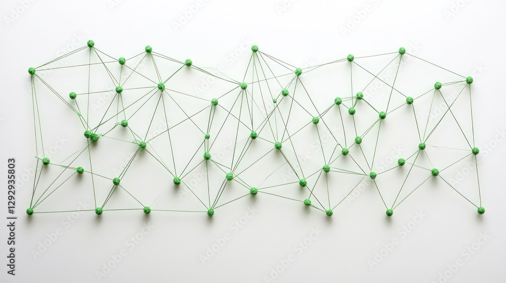 Poster abstract network of interconnected green pushpins and thin threads on white background.