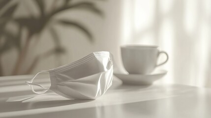 A White Disposable Face Mask Rests Beside a Coffee Cup on a Table Near a Window
