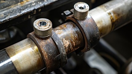 Rusty industrial machine shaft, close-up, factory setting, maintenance
