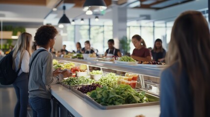 Naklejka premium School cafeteria with students enjoying a salad bar. Featuring leafy greens, toppings, and dressings