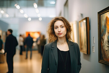 European woman smiles confidently as a small entrepreneur showcasing her work in a modern art...