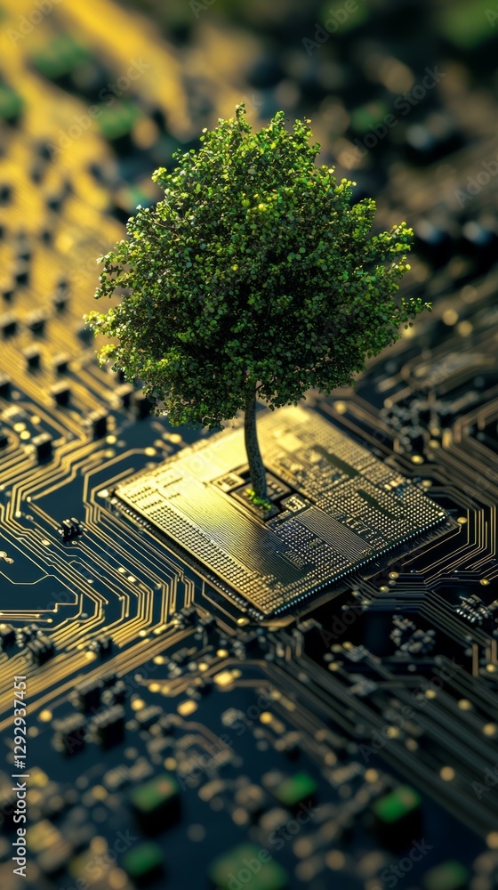 Poster tree growing on microchip with detailed circuitry in focus, representing nature and technology fusio