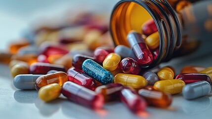 A Closeup View of Colorful Pills Spilled from a Bottle Pharmaceutical Medicine Healthcare