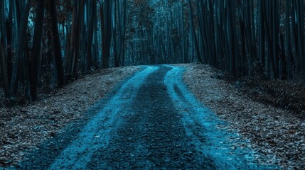 Serene Forest Path with Blue Tones and Autumn Leaves