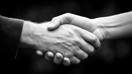 Close-up black and white image of two hands shaking, symbolizing agreement, partnership, and collaboration.