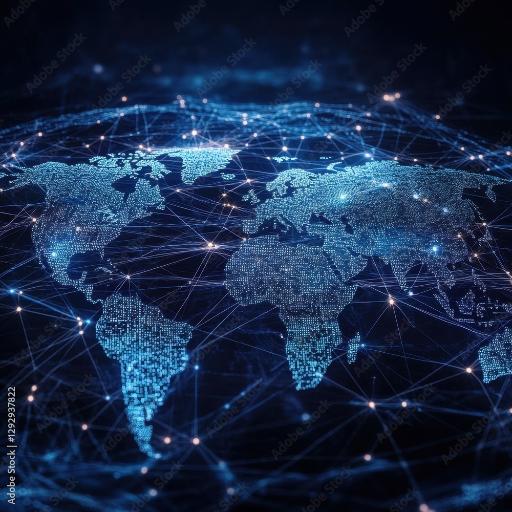 Poster digital global network with illuminated map of earth representing connection and technology
