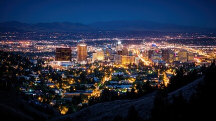 Night city skyline, mountain backdrop, urban sprawl, aerial view, tourism