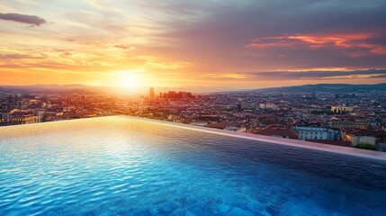 Obraz premium rooftop infinity pool with city skyline view at sunset