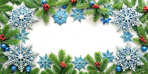 A festive winter border adorned with intricate snowflakes in shades of blue and white, framed by evergreen branches and holly leaves , Christmas, Winter Wonderland