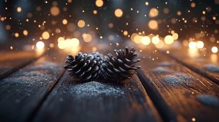 Pine cones on wooden table with falling snow and bokeh lights, winter holiday ambiance. Festive decoration and seasonal mood concept