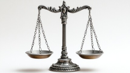 Silver scales of justice on white background, legal concept, balance