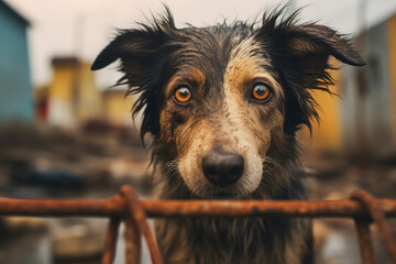 Emotional moment of a young puppy captured in a muddy setting with chain links in the foreground during late afternoon light