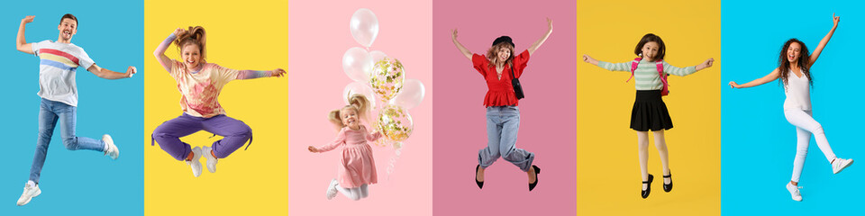 Collage of jumping people on color background