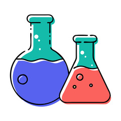 Vector illustration of two chemistry flasks with colorful liquids, symbolizing science, experiments, and laboratory research. Simple and playful design.